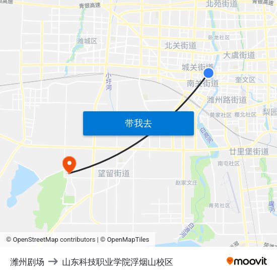 潍州剧场 to 山东科技职业学院浮烟山校区 map