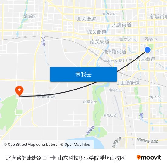 北海路健康街路口 to 山东科技职业学院浮烟山校区 map