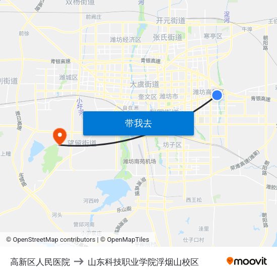 高新区人民医院 to 山东科技职业学院浮烟山校区 map