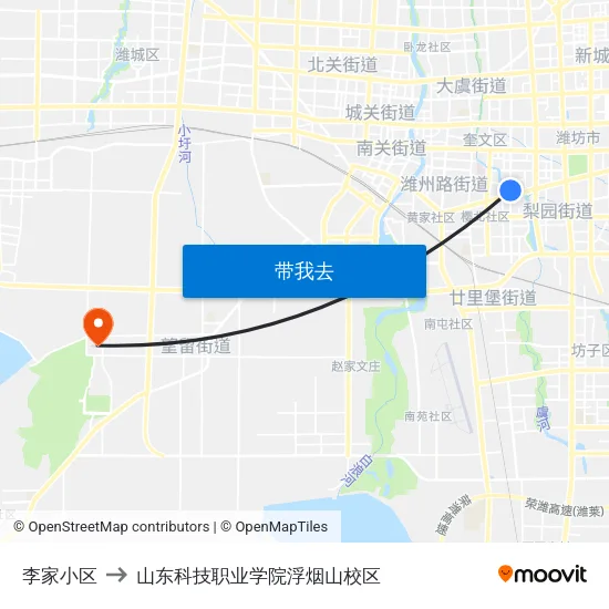 李家小区 to 山东科技职业学院浮烟山校区 map