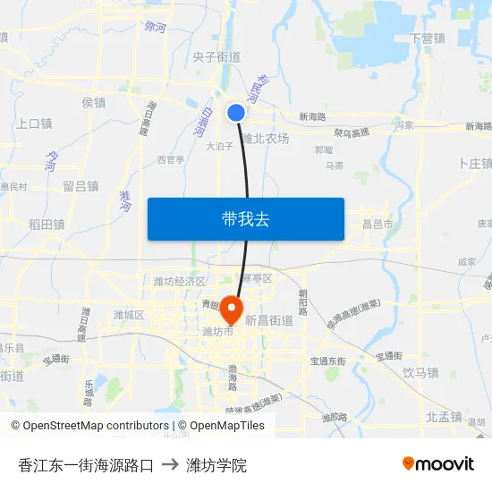 香江东一街海源路口 to 潍坊学院 map