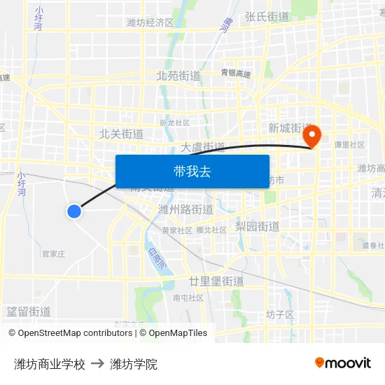 潍坊商业学校 to 潍坊学院 map