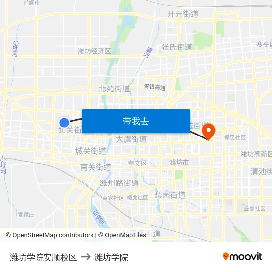 潍坊学院安顺校区 to 潍坊学院 map