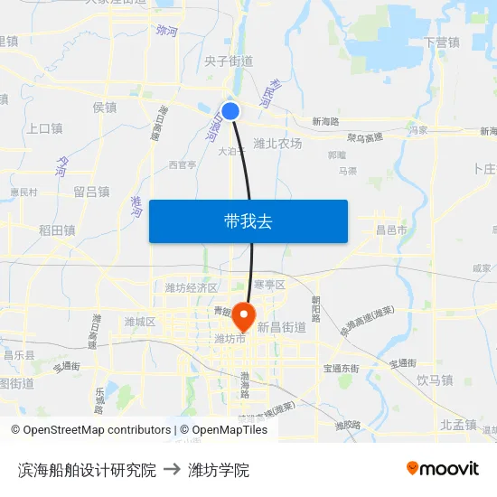 滨海船舶设计研究院 to 潍坊学院 map
