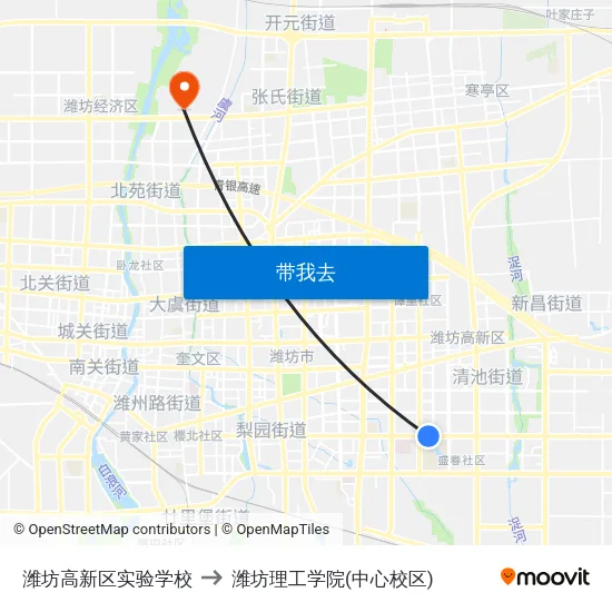 潍坊高新区实验学校 to 潍坊理工学院(中心校区) map