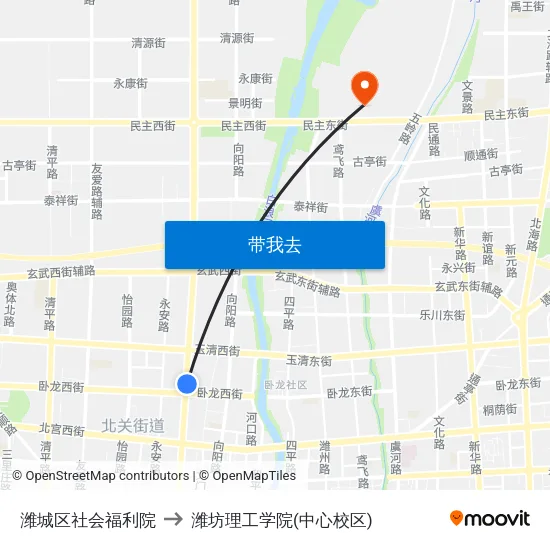 潍城区社会福利院 to 潍坊理工学院(中心校区) map