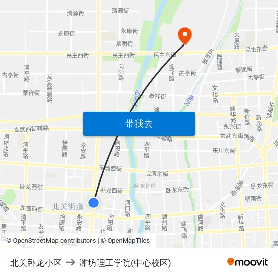 北关卧龙小区 to 潍坊理工学院(中心校区) map
