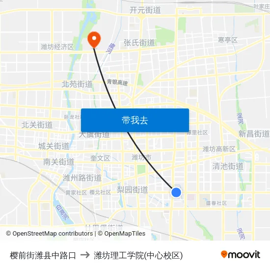 樱前街潍县中路口 to 潍坊理工学院(中心校区) map