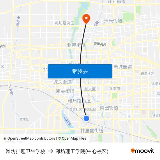 潍坊护理卫生学校 to 潍坊理工学院(中心校区) map