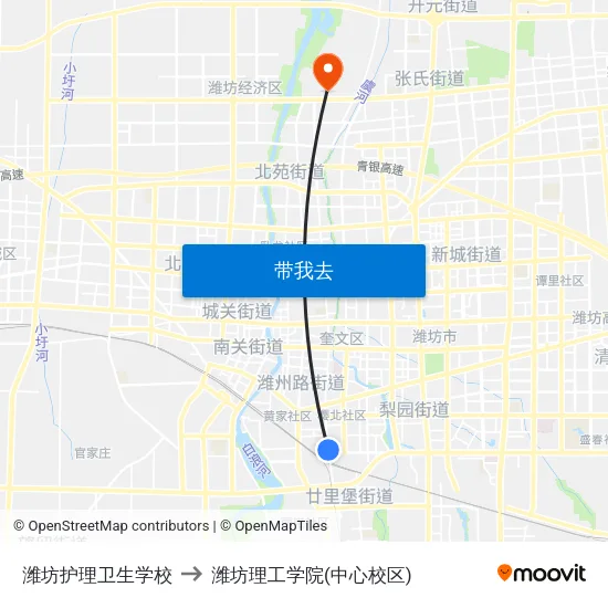 潍坊护理卫生学校 to 潍坊理工学院(中心校区) map