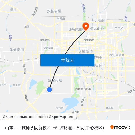 山东工业技师学院新校区 to 潍坊理工学院(中心校区) map