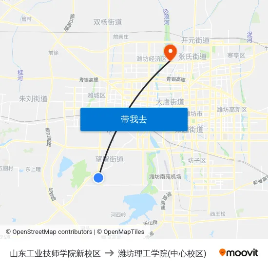 山东工业技师学院新校区 to 潍坊理工学院(中心校区) map
