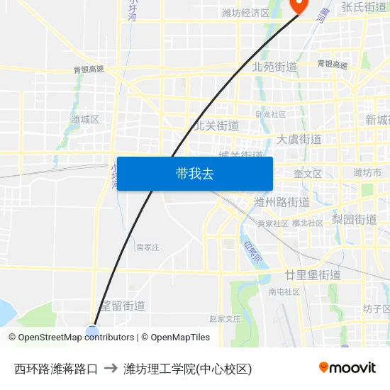 西环路潍蒋路口 to 潍坊理工学院(中心校区) map