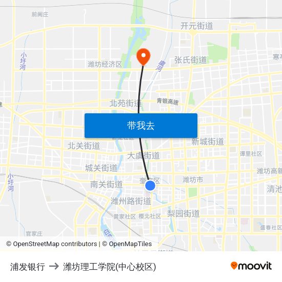 浦发银行 to 潍坊理工学院(中心校区) map