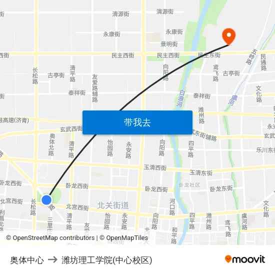 奥体中心 to 潍坊理工学院(中心校区) map