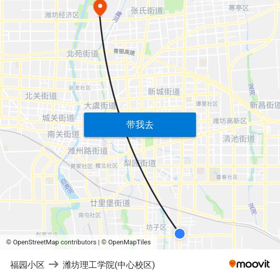 福园小区 to 潍坊理工学院(中心校区) map