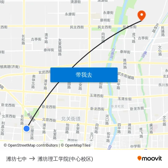 潍坊七中 to 潍坊理工学院(中心校区) map