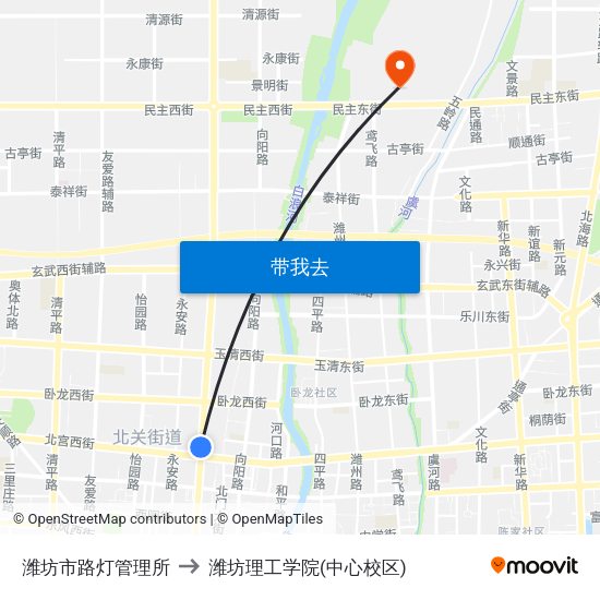 潍坊市路灯管理所 to 潍坊理工学院(中心校区) map