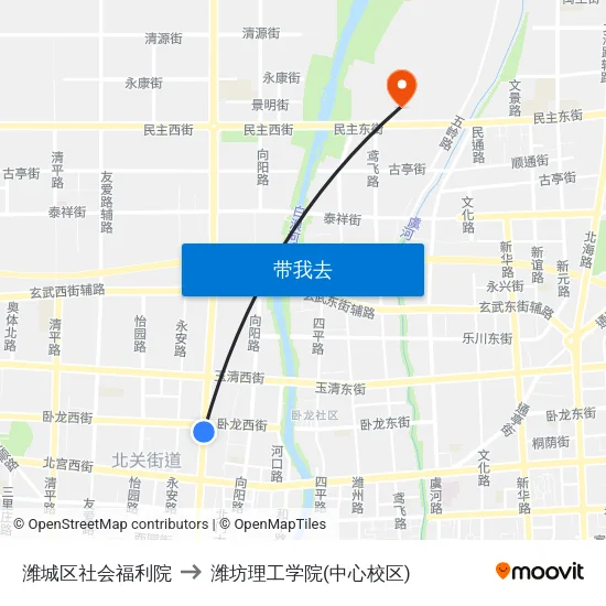 潍城区社会福利院 to 潍坊理工学院(中心校区) map