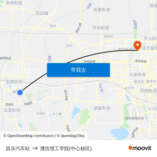 昌乐汽车站 to 潍坊理工学院(中心校区) map