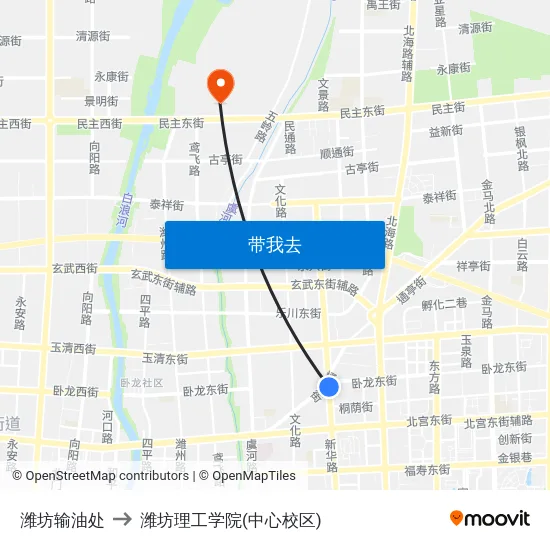潍坊输油处 to 潍坊理工学院(中心校区) map