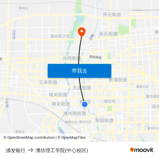 浦发银行 to 潍坊理工学院(中心校区) map