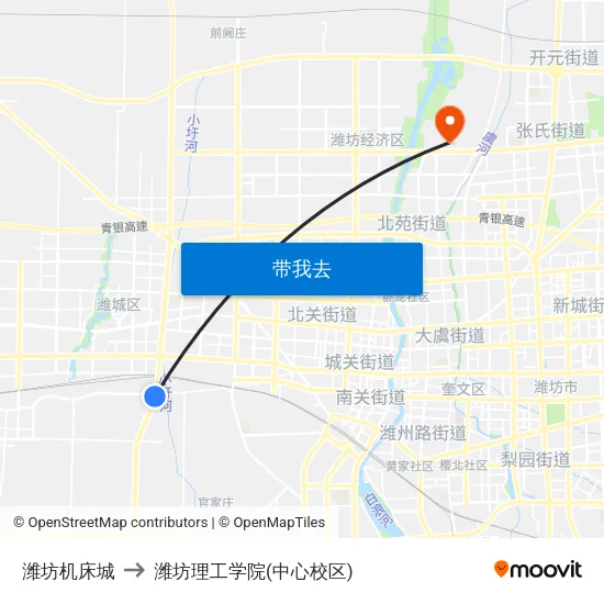 潍坊机床城 to 潍坊理工学院(中心校区) map