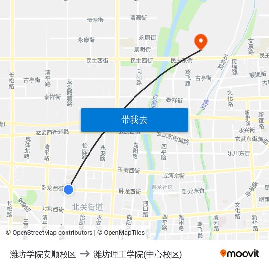潍坊学院安顺校区 to 潍坊理工学院(中心校区) map