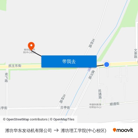 潍坊华东发动机有限公司 to 潍坊理工学院(中心校区) map