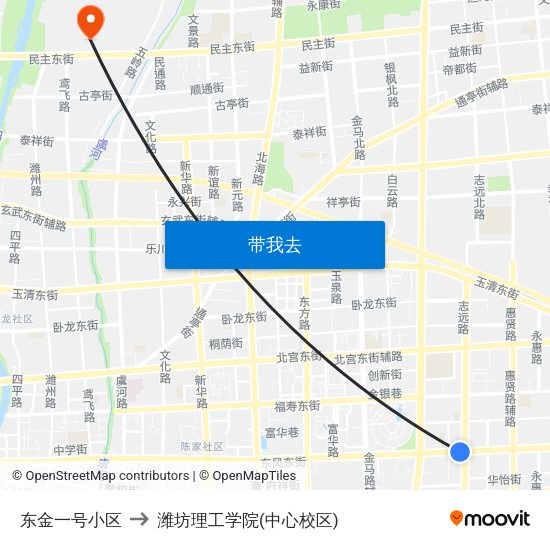 东金一号小区 to 潍坊理工学院(中心校区) map