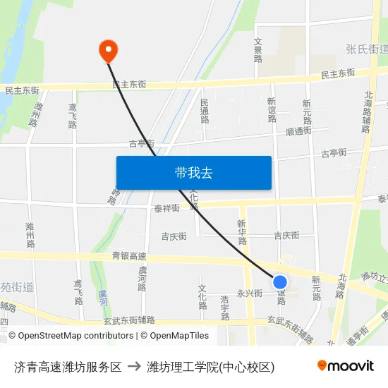 济青高速潍坊服务区 to 潍坊理工学院(中心校区) map