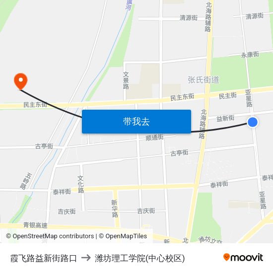 霞飞路益新街路口 to 潍坊理工学院(中心校区) map