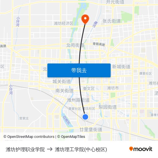 潍坊护理职业学院 to 潍坊理工学院(中心校区) map
