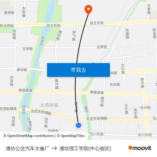潍坊公交汽车大修厂 to 潍坊理工学院(中心校区) map