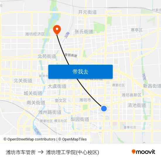 潍坊市车管所 to 潍坊理工学院(中心校区) map