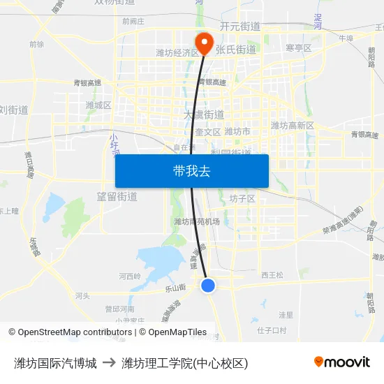 潍坊国际汽博城 to 潍坊理工学院(中心校区) map