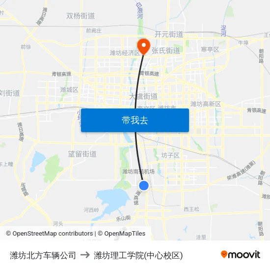 潍坊北方车辆公司 to 潍坊理工学院(中心校区) map