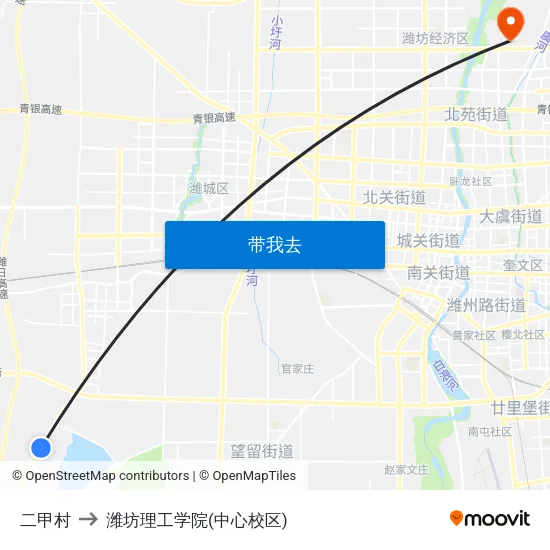 二甲村 to 潍坊理工学院(中心校区) map