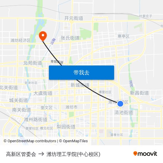 高新区管委会 to 潍坊理工学院(中心校区) map