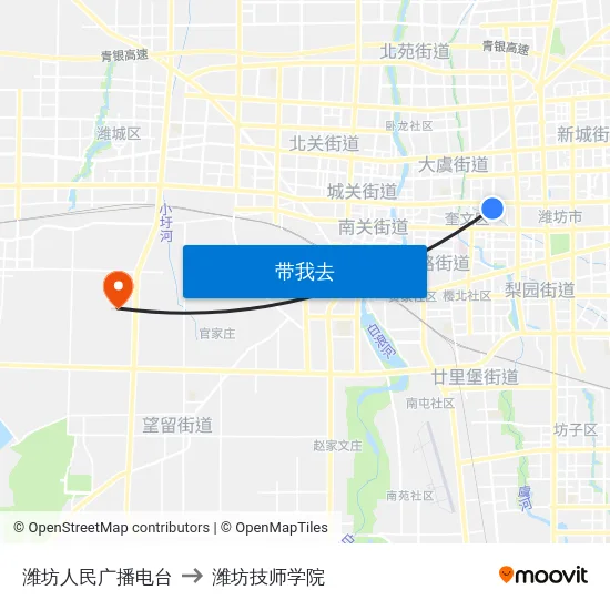 潍坊人民广播电台 to 潍坊技师学院 map