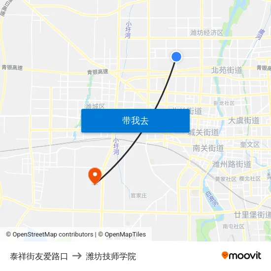 泰祥街友爱路口 to 潍坊技师学院 map
