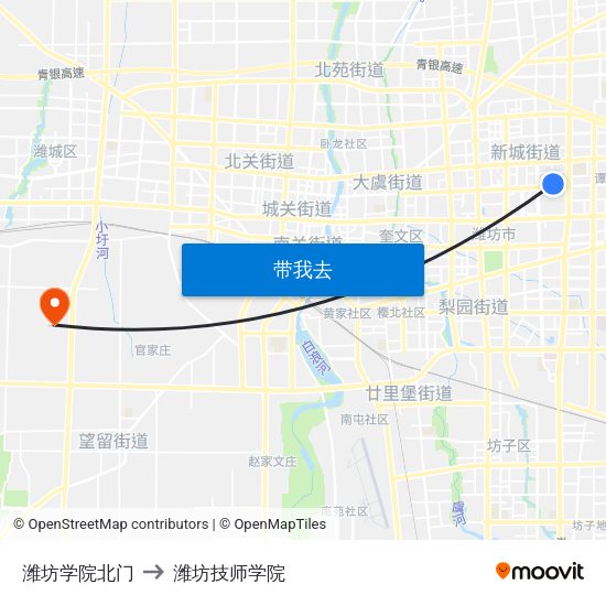 潍坊学院北门 to 潍坊技师学院 map