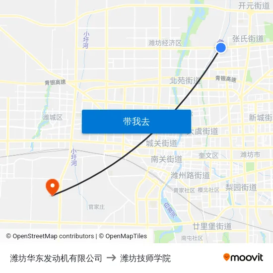 潍坊华东发动机有限公司 to 潍坊技师学院 map