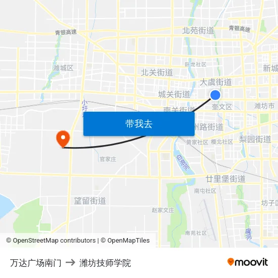 万达广场南门 to 潍坊技师学院 map
