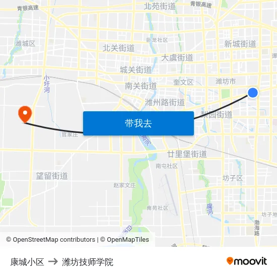 康城小区 to 潍坊技师学院 map