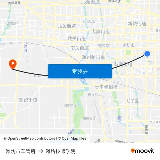 潍坊市车管所 to 潍坊技师学院 map