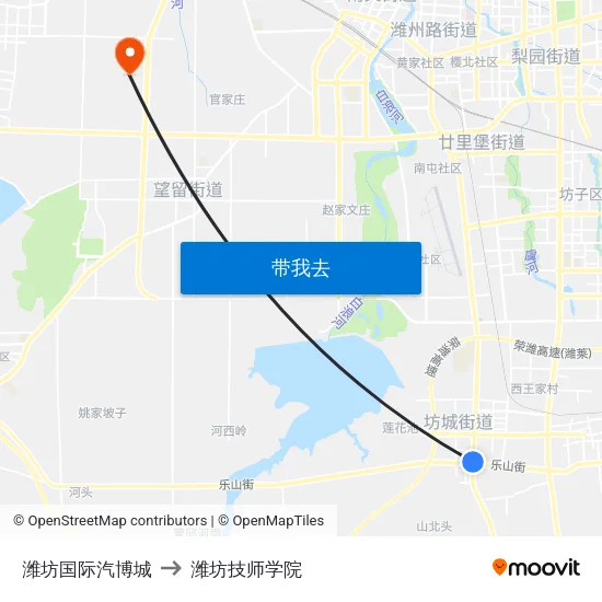 潍坊国际汽博城 to 潍坊技师学院 map