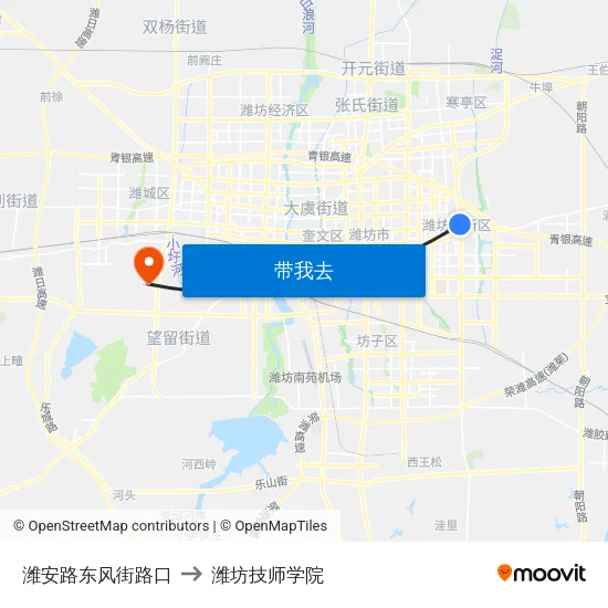 潍安路东风街路口 to 潍坊技师学院 map