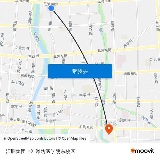 汇胜集团 to 潍坊医学院东校区 map