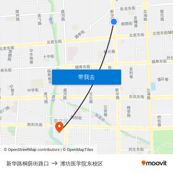 新华路桐荫街路口 to 潍坊医学院东校区 map